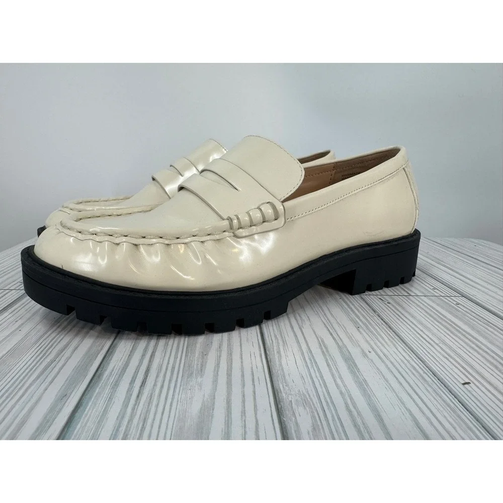 Loft Women's SIze 6.5 Cream Lug Penny Loafers Chunky Heel Flat Shoes Slip On‎